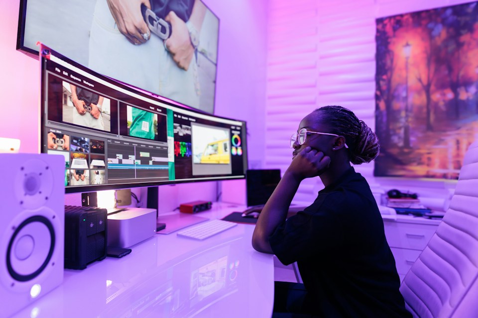 A video creator editing footage at a computer workstation